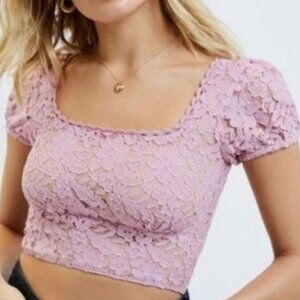 XS Lottie Moss Pink Milkmaid Puff Sleeve Square Neck Crop Top